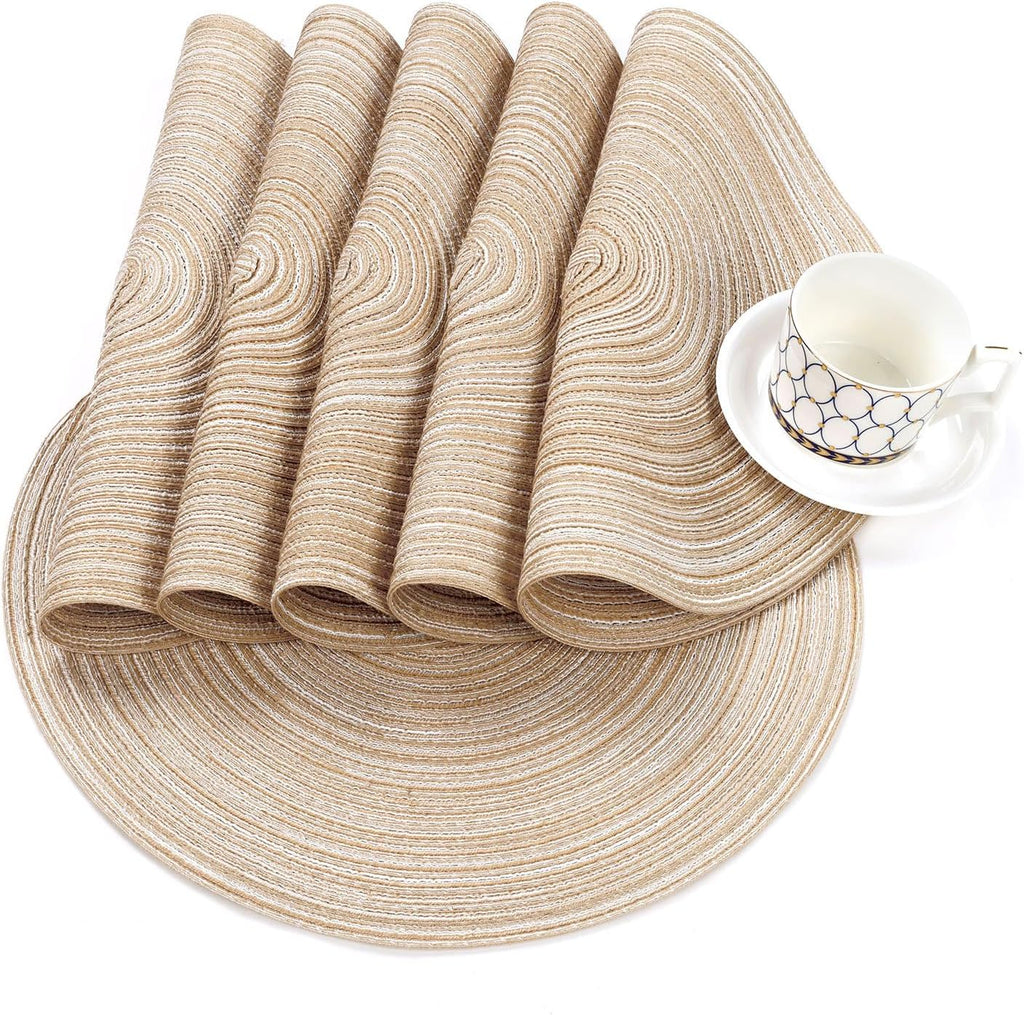 Round Braided Placemats Set of 6 Washable Round Placemats for Kitchen Table 15 inch Round Table Mats (Beige, 6)