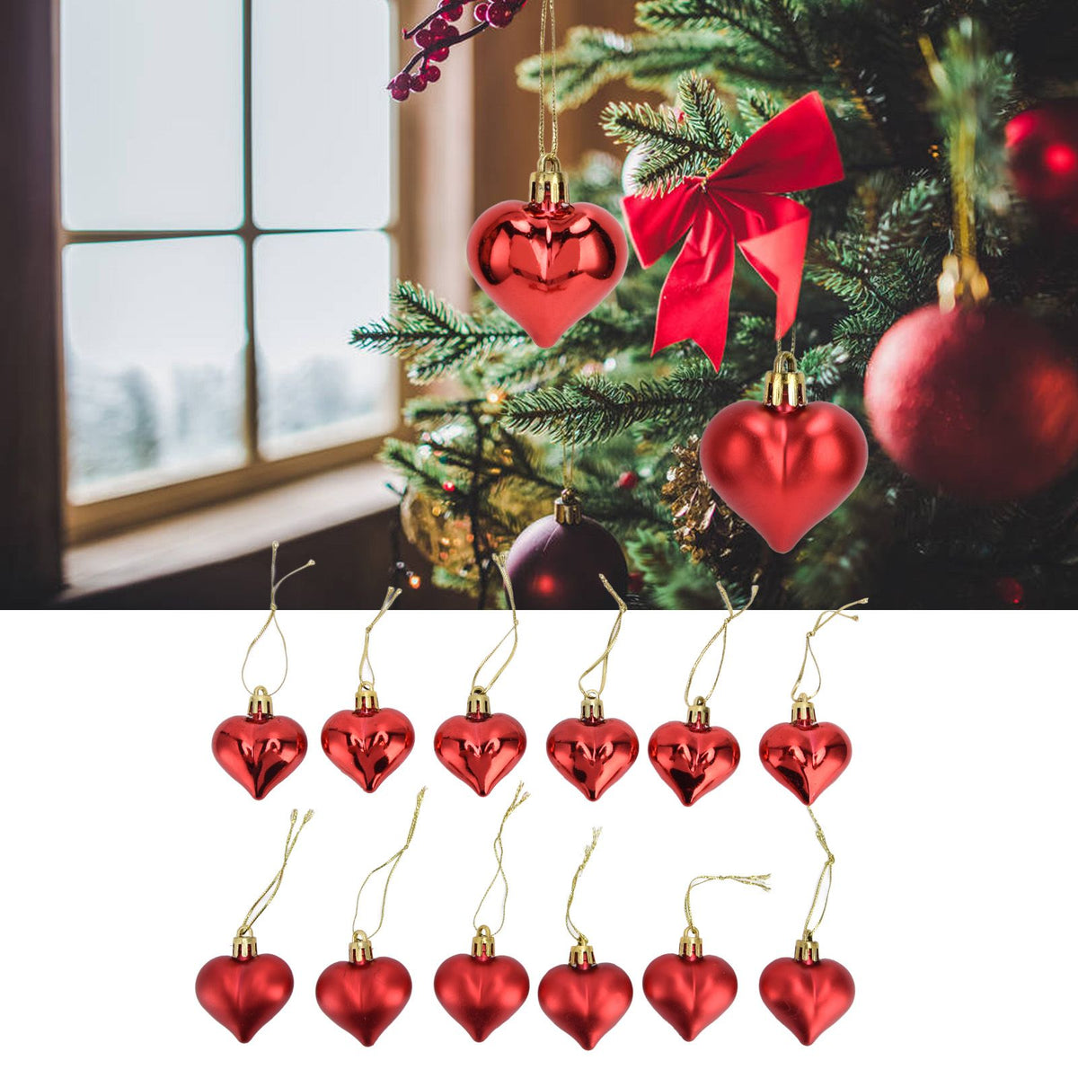 Heart-Shaped Christmas Ornaments – Red | Set of 12