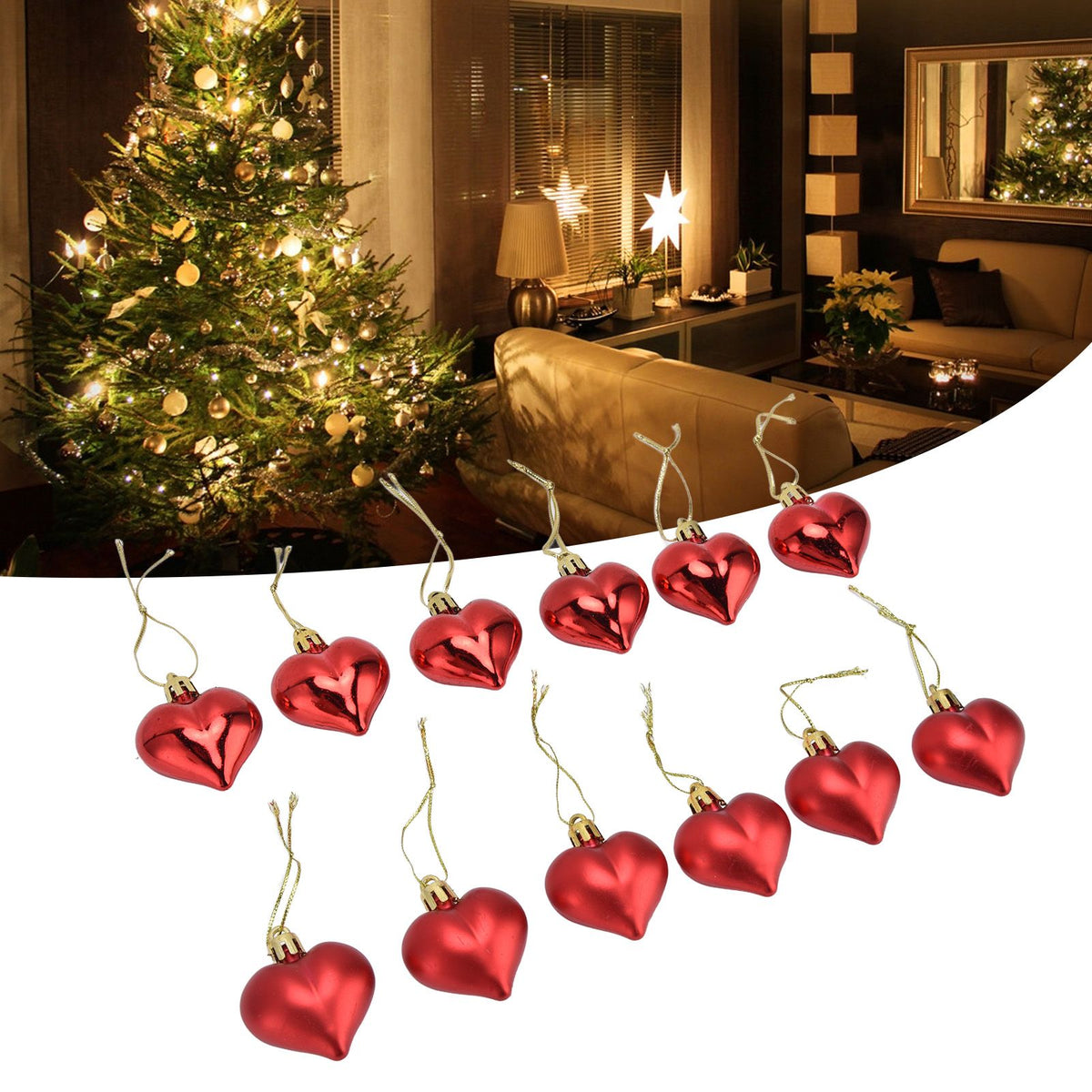 Heart-Shaped Christmas Ornaments – Red | Set of 12