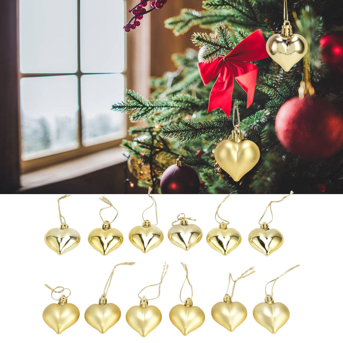 Heart-Shaped Christmas Ornaments – Gold | Set of 12