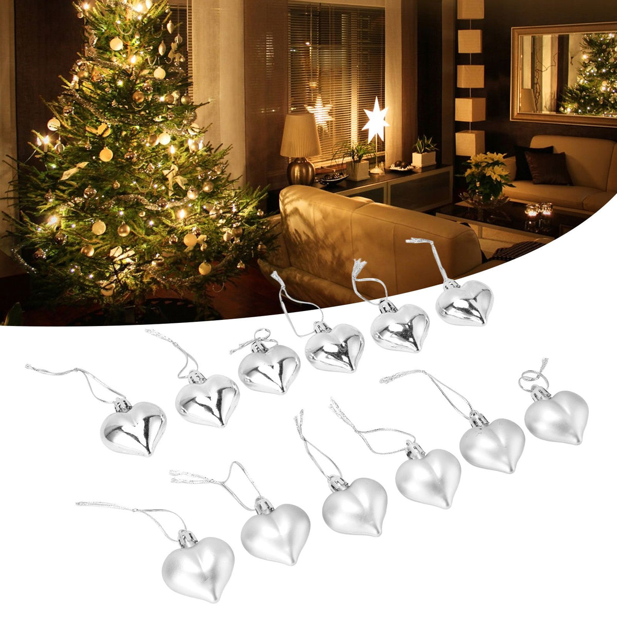 Heart-Shaped Christmas Ornaments – Silver | Set of 12
