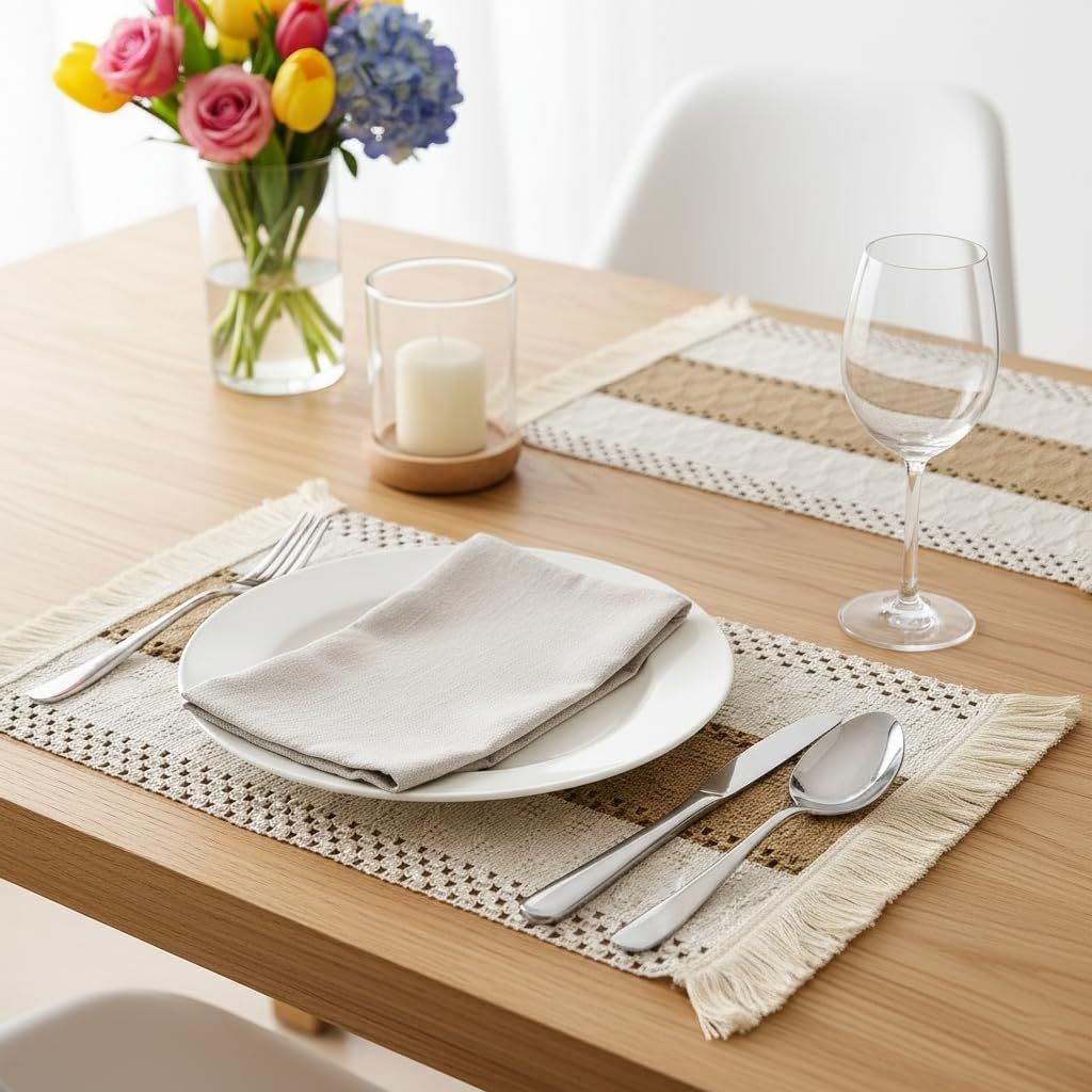 A set of 4-piece washable cotton farmhouse table mat, woven dining table decoration for home decor,Heat-Resistant Rustic Natural Rectangular Mats,30*40
