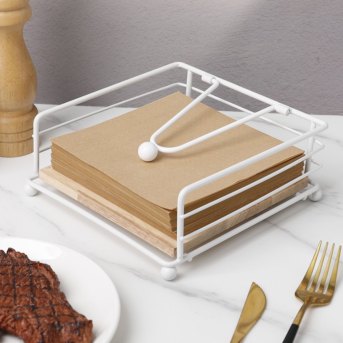 Napkin Holder for Table, Metal and Wood Napkin Holder, Standing Napkin Holders for Paper Napkins, for Kitchen Counter, Dining Table, (white)