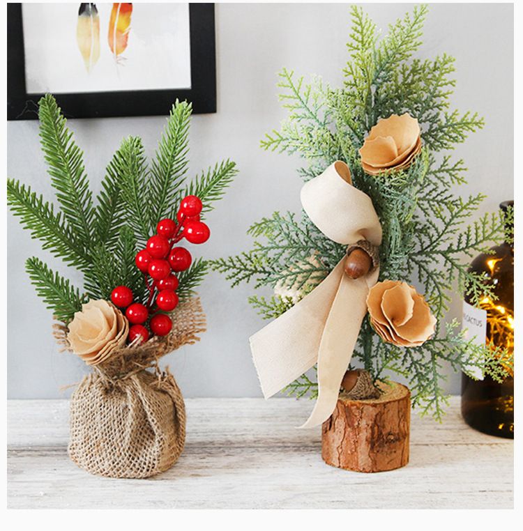 Desktop Mini Christmas Tree 25cm, Burlap Bow with Pinecone Base, Lightweight & Versatile, Brightens Office and Home Holiday Atmosphere (Red Berry Style)