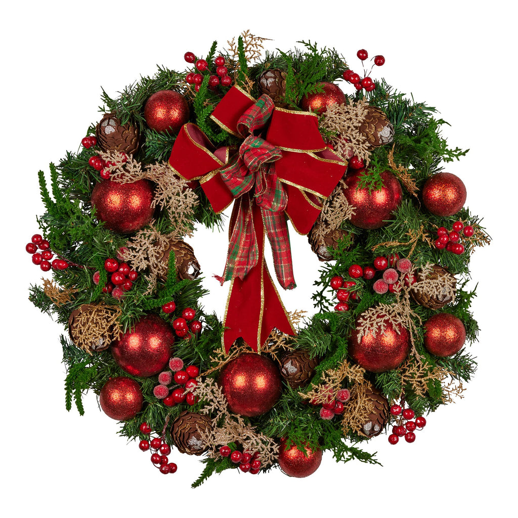 Pre-Decorated Christmas Wreath – 56cm | Red Berries & Pine Cones