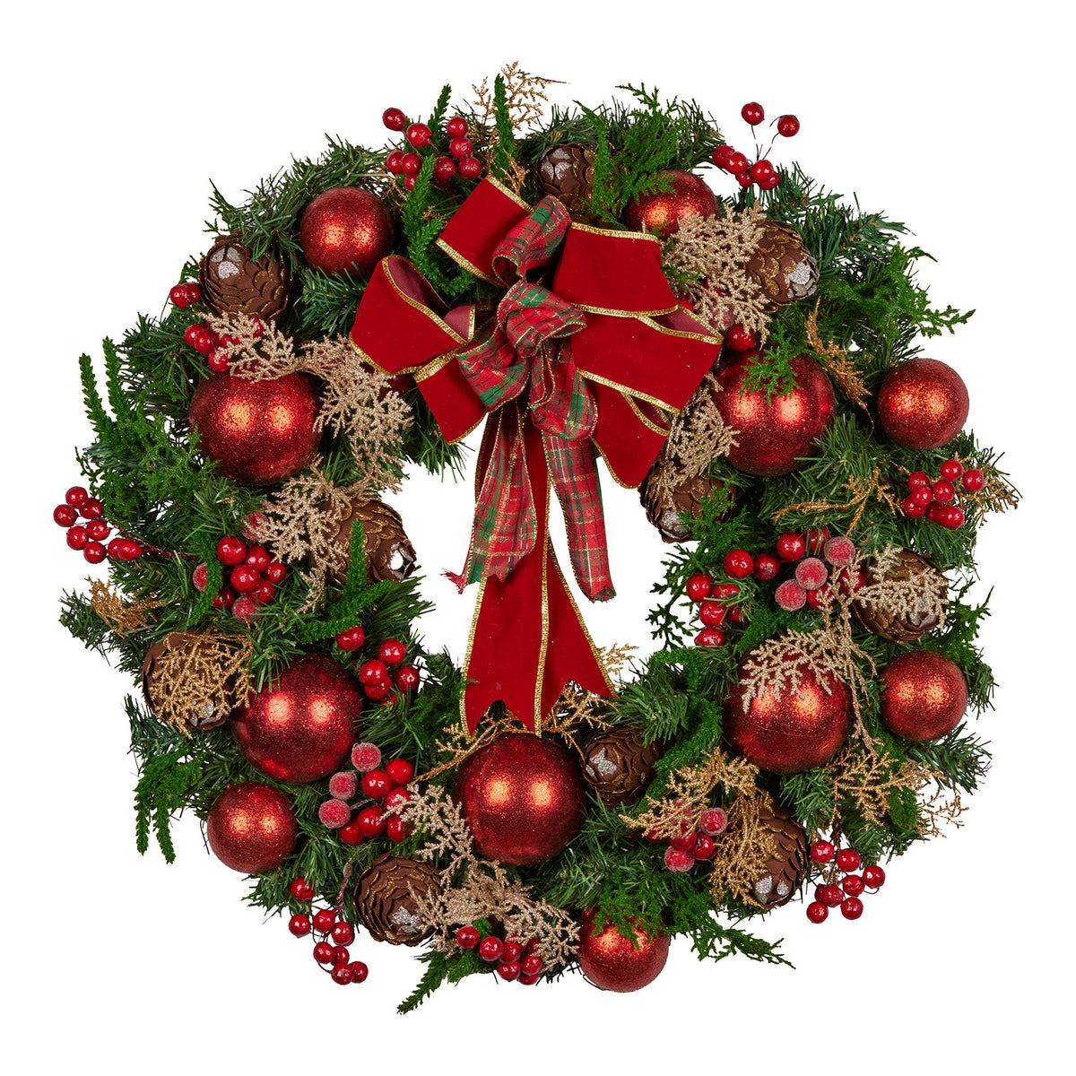 Pre-Decorated Christmas Wreath – 56cm | Red Berries & Pine Cones