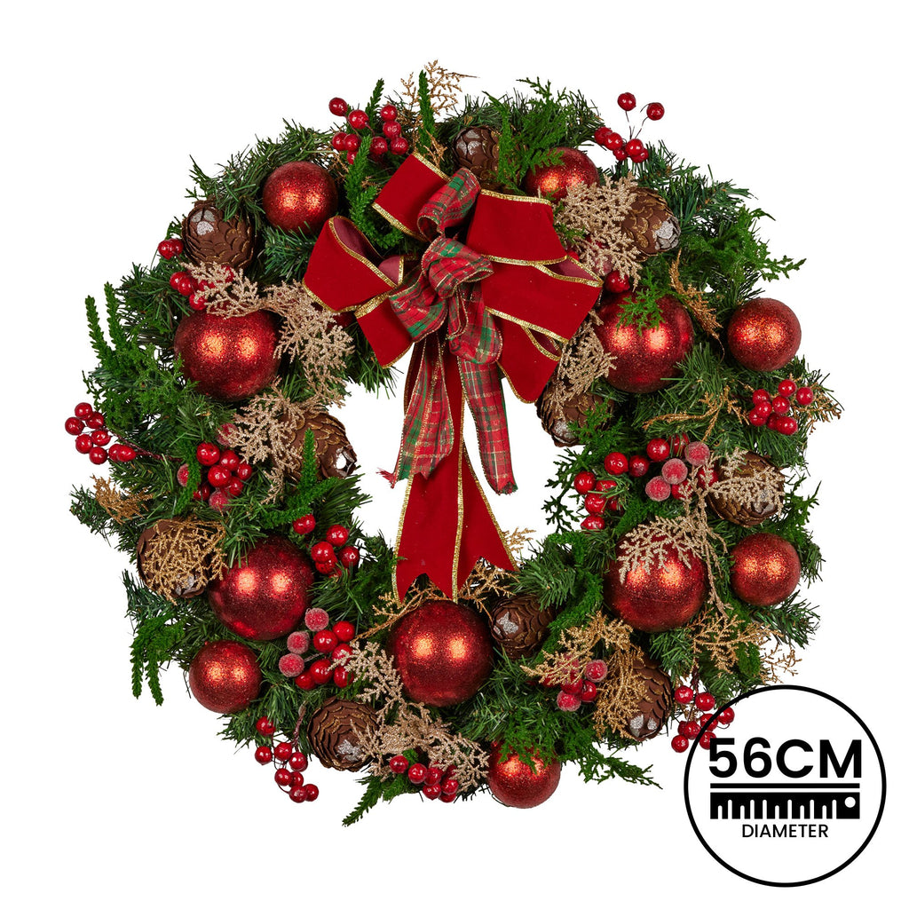 Pre-Decorated Christmas Wreath – 56cm | Red Berries & Pine Cones