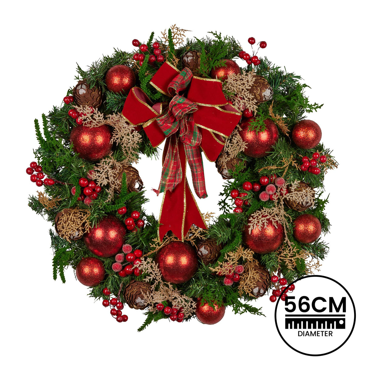 Pre-Decorated Christmas Wreath – 56cm | Red Berries & Pine Cones