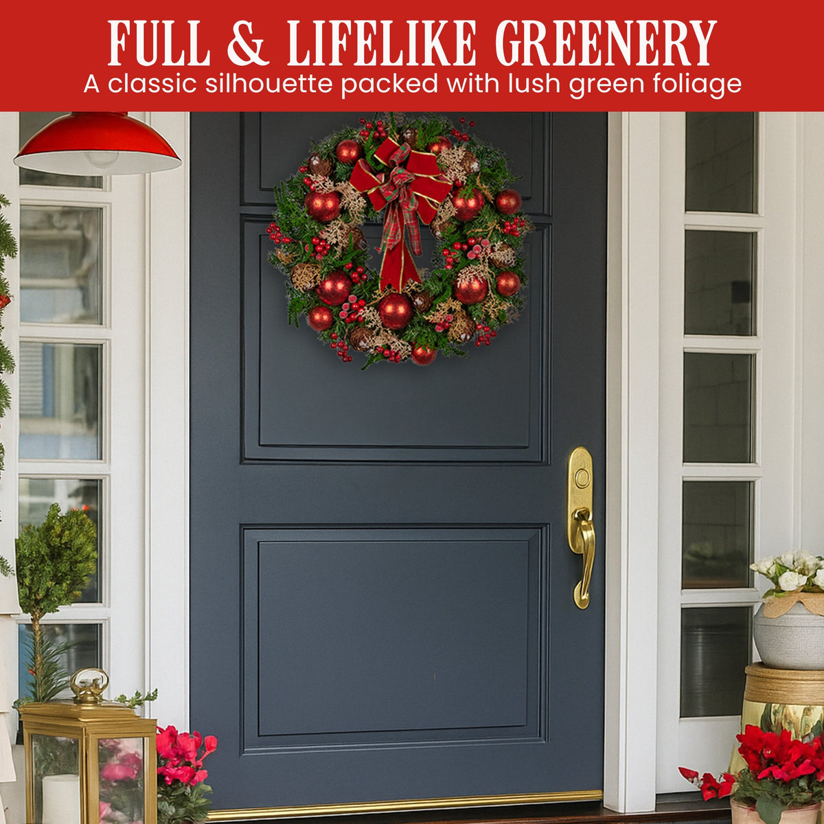Pre-Decorated Christmas Wreath – 56cm | Red Berries & Pine Cones