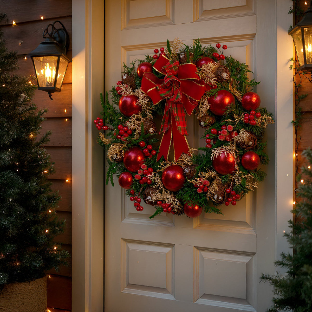 Pre-Decorated Christmas Wreath – 56cm | Red Berries & Pine Cones