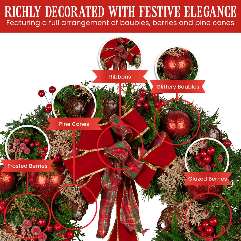 Pre-Decorated Christmas Wreath – 56cm | Red Berries & Pine Cones