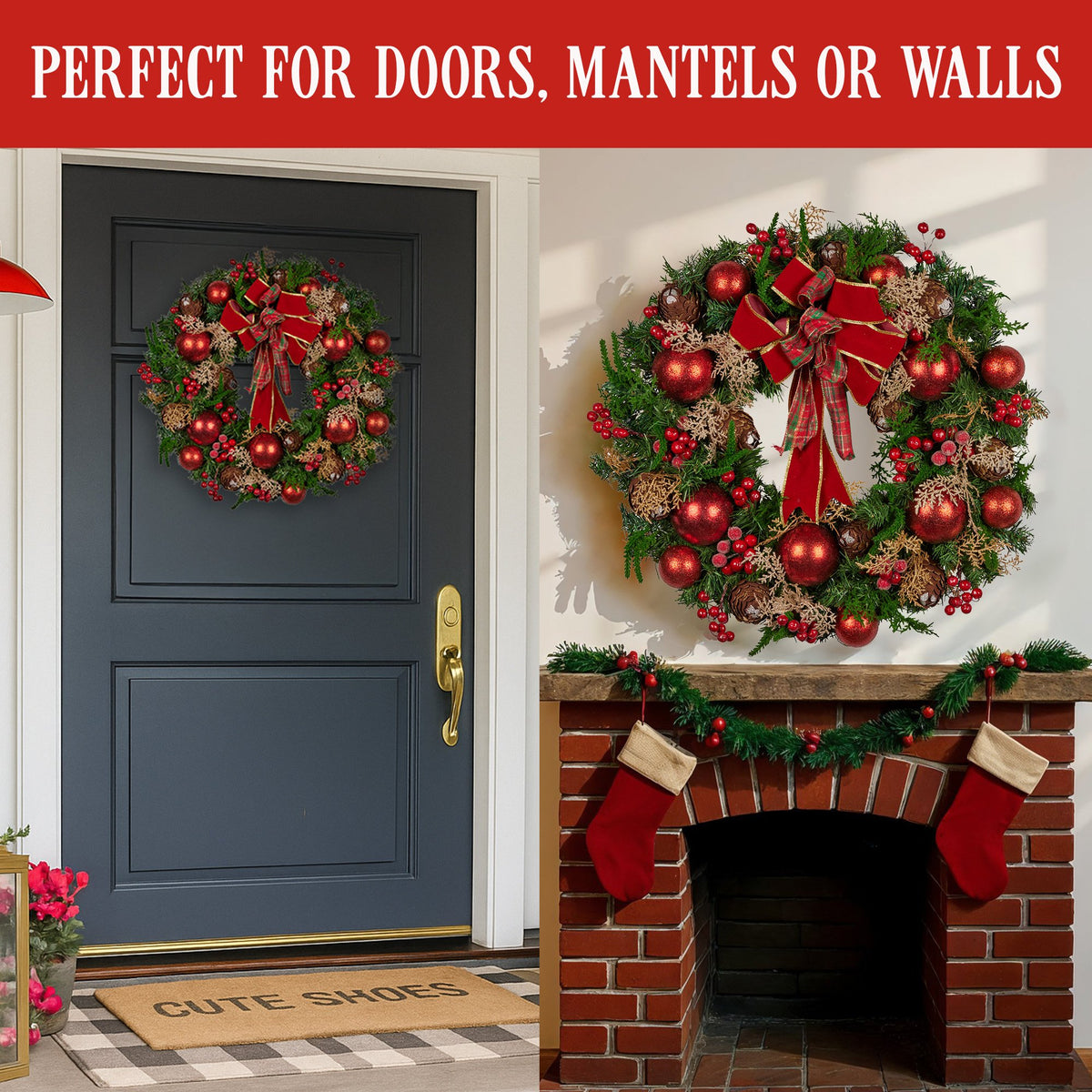 Pre-Decorated Christmas Wreath – 56cm | Red Berries & Pine Cones