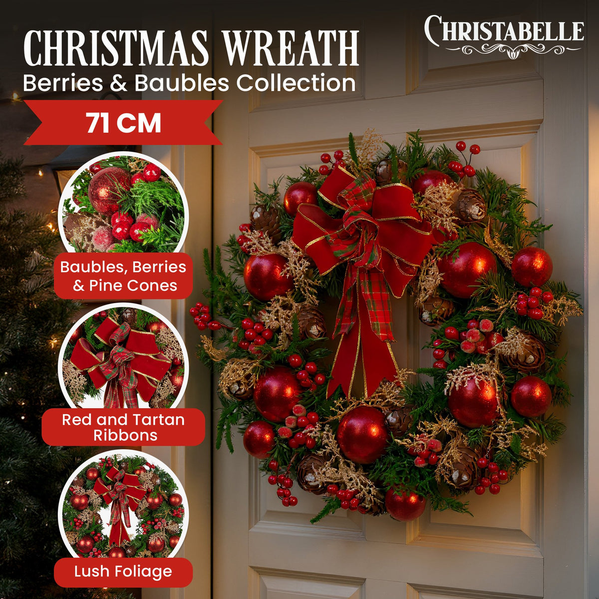 Lush Red Christmas Wreath – 71cm | Baubles, Berries & Bow
