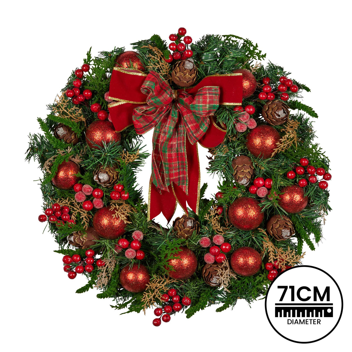 Lush Red Christmas Wreath – 71cm | Baubles, Berries & Bow