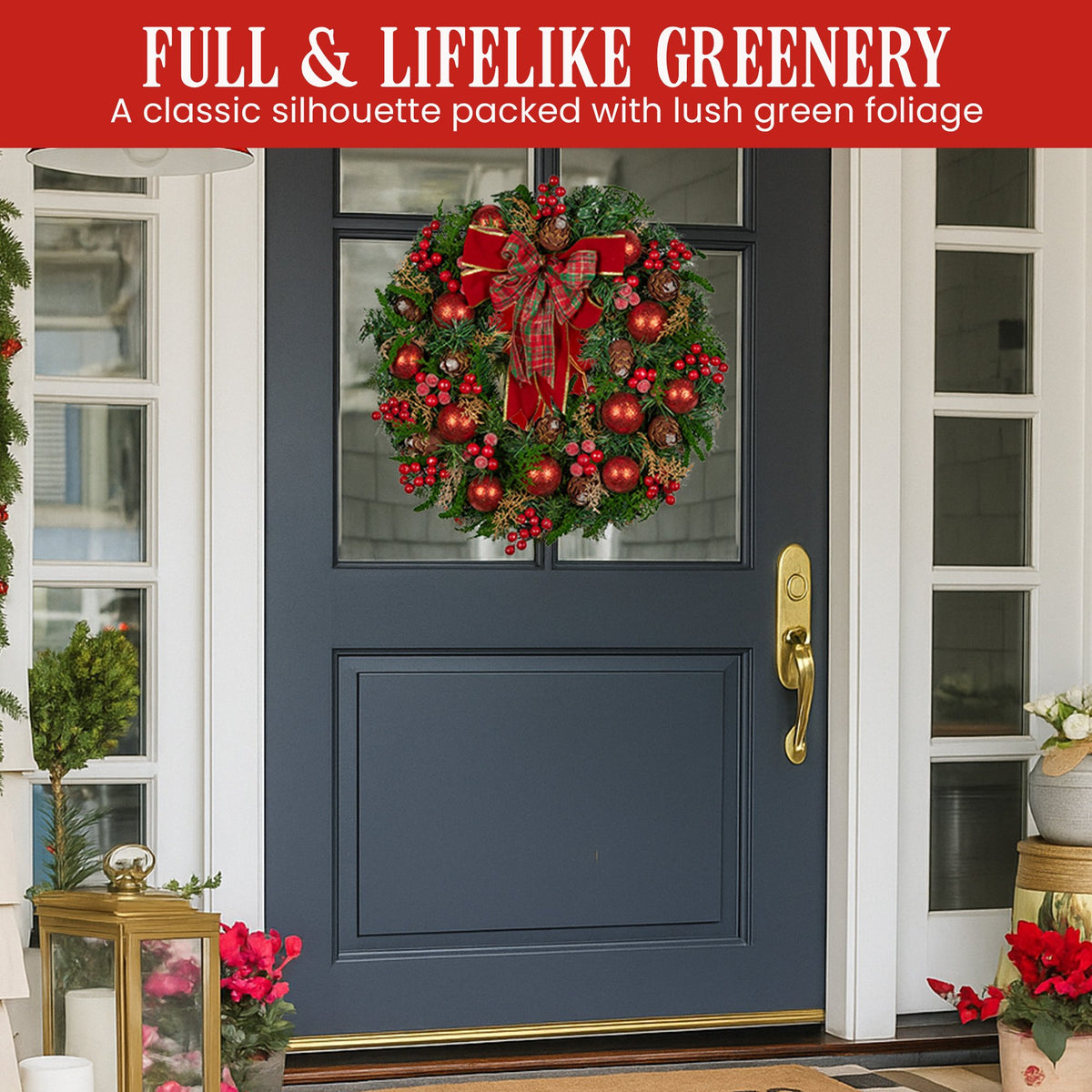 Lush Red Christmas Wreath – 71cm | Baubles, Berries & Bow
