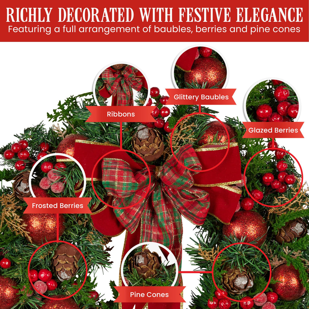 Lush Red Christmas Wreath – 71cm | Baubles, Berries & Bow