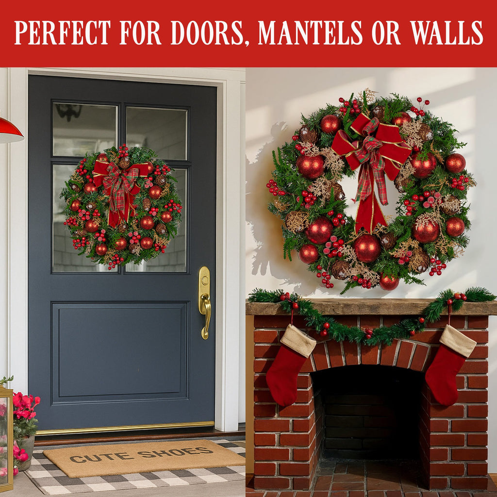 Lush Red Christmas Wreath – 71cm | Baubles, Berries & Bow