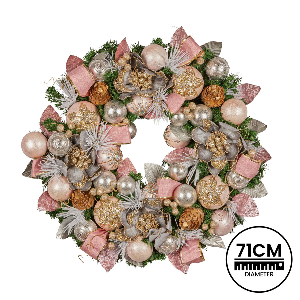 Pink & Champagne Christmas Wreath – 71cm | Jewelled Baubles & Florals