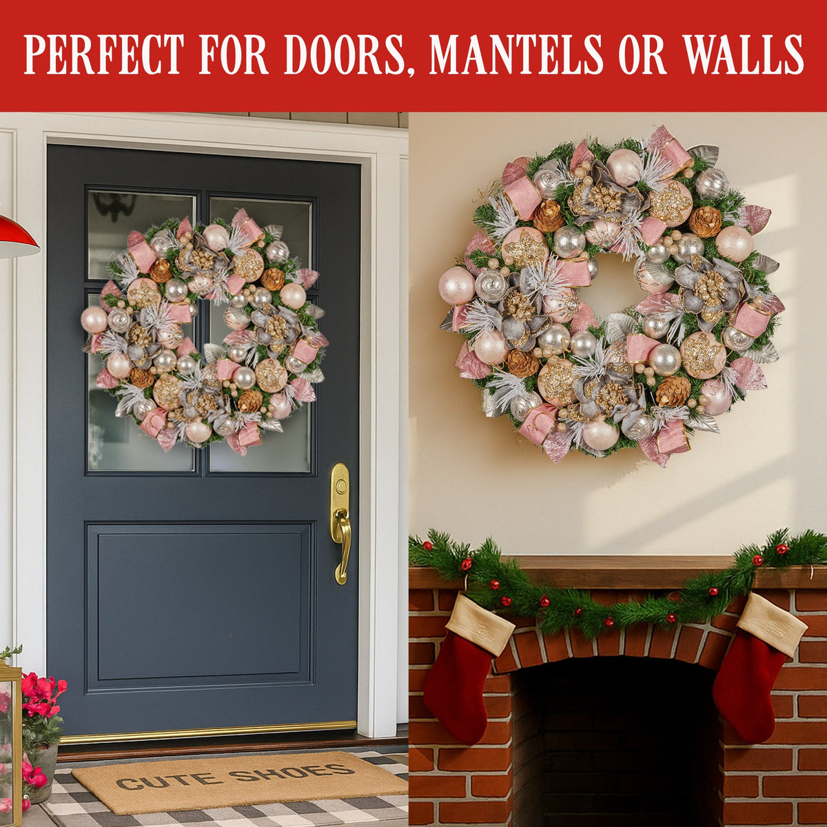Pink & Champagne Christmas Wreath – 71cm | Jewelled Baubles & Florals