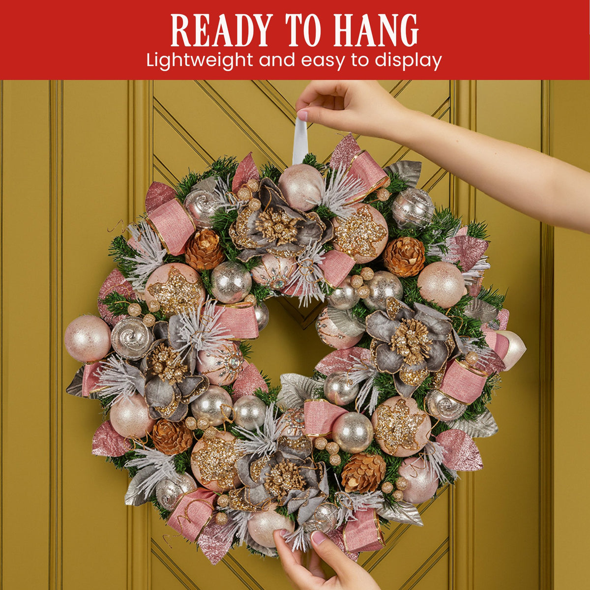 Pink & Champagne Christmas Wreath – 71cm | Jewelled Baubles & Florals