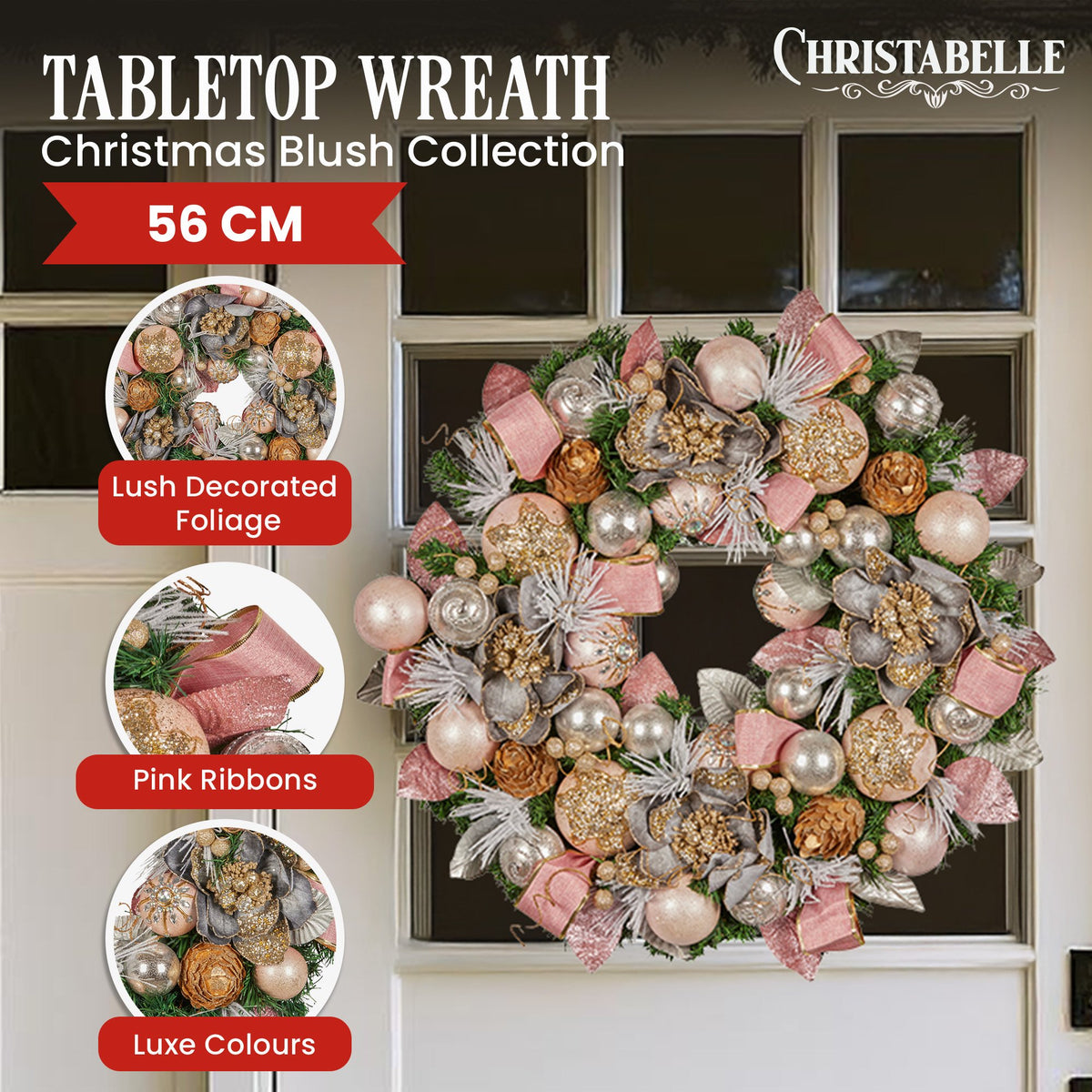 Pink & Champagne Christmas Wreath – 56cm | Jewelled Baubles & Florals