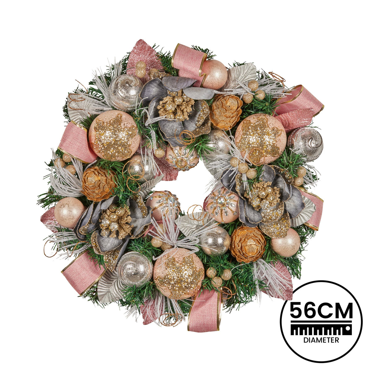 Pink & Champagne Christmas Wreath – 56cm | Jewelled Baubles & Florals