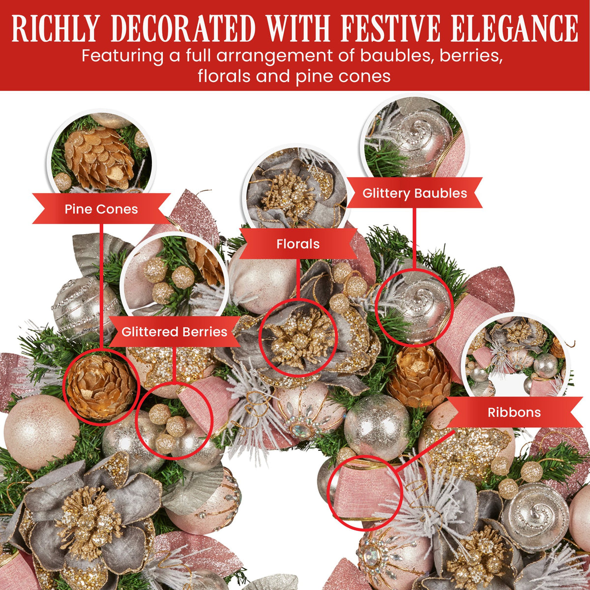 Pink & Champagne Christmas Wreath – 56cm | Jewelled Baubles & Florals