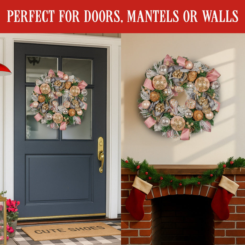 Pink & Champagne Christmas Wreath – 56cm | Jewelled Baubles & Florals