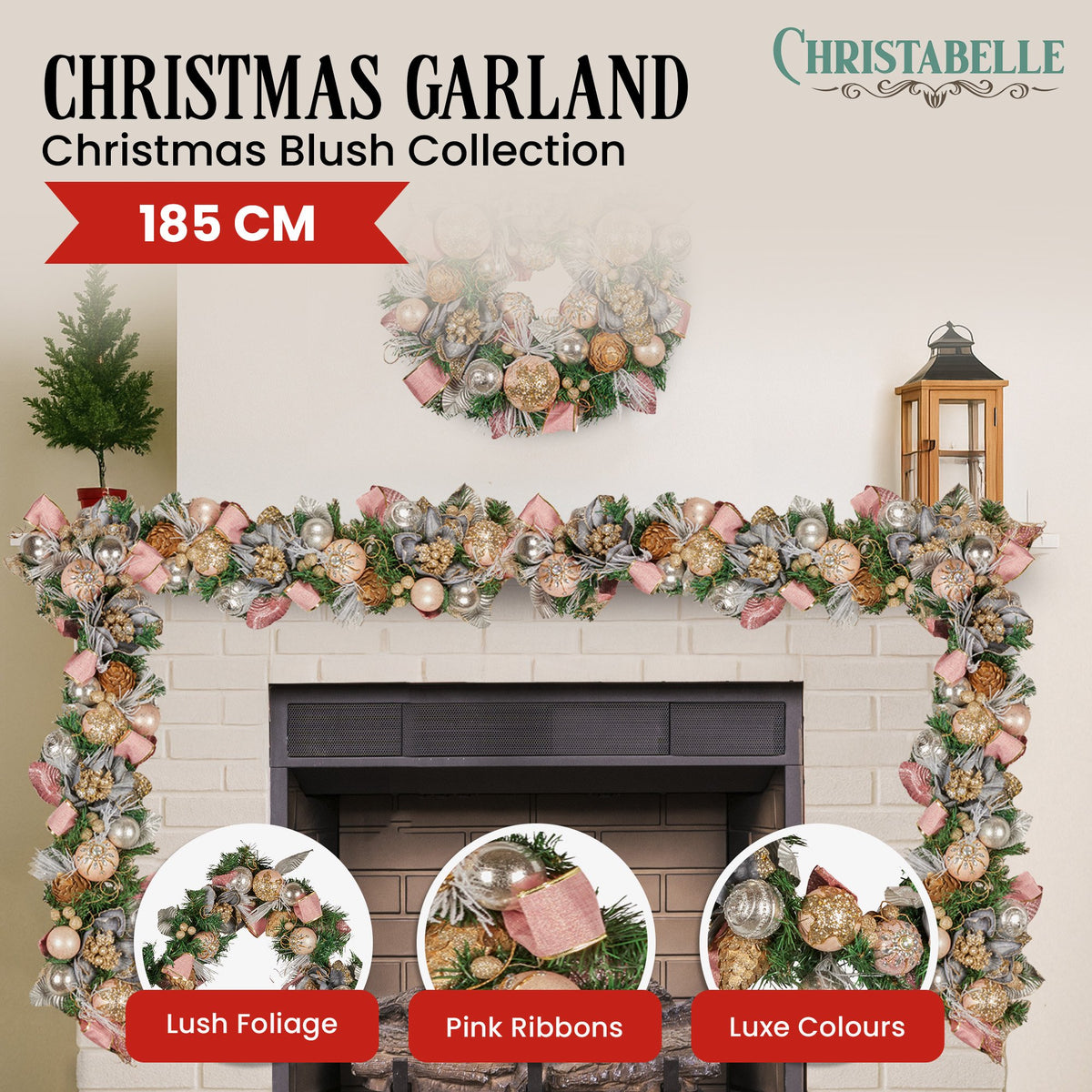 Pink, Champagne & Silver Christmas Garland – 1.85m | Jewelled Baubles & Berries