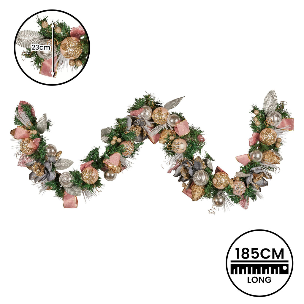Pink, Champagne & Silver Christmas Garland – 1.85m | Jewelled Baubles & Berries