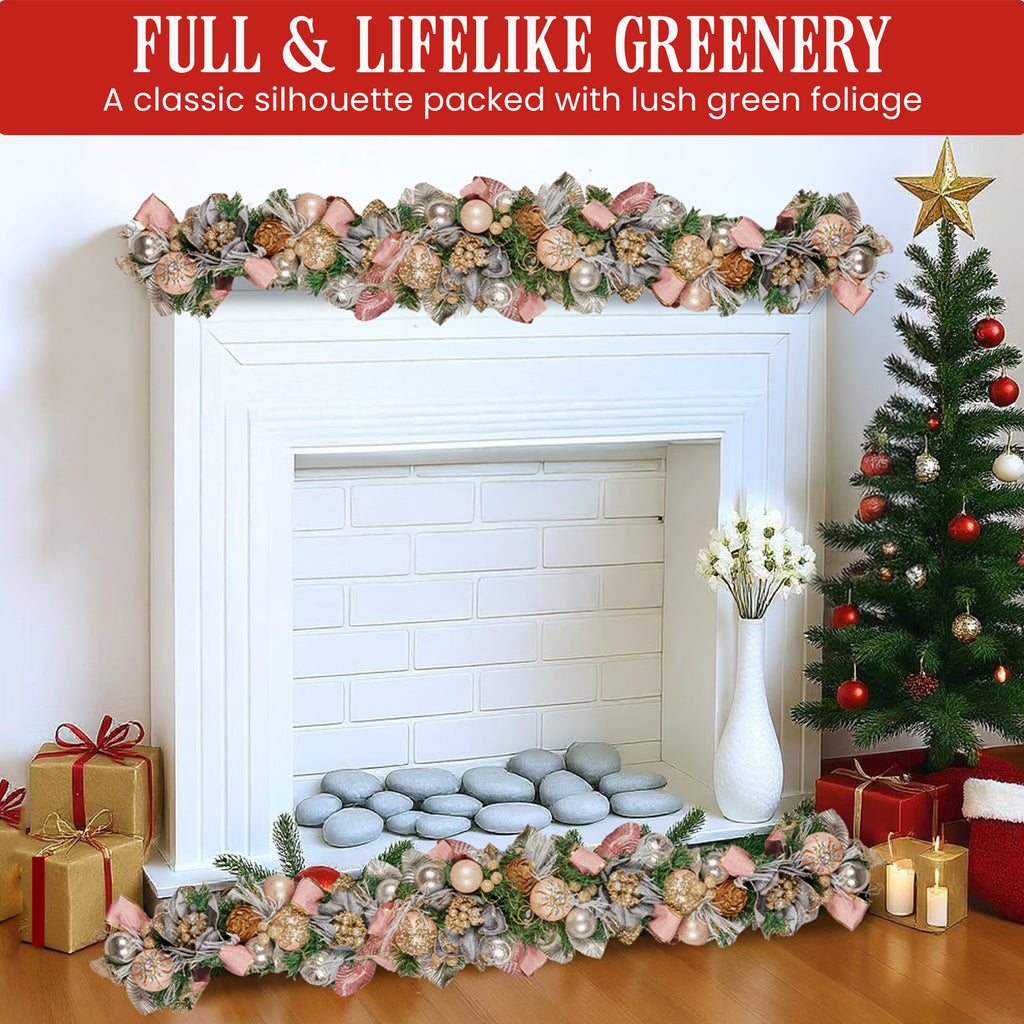 Pink, Champagne & Silver Christmas Garland – 1.85m | Jewelled Baubles & Berries