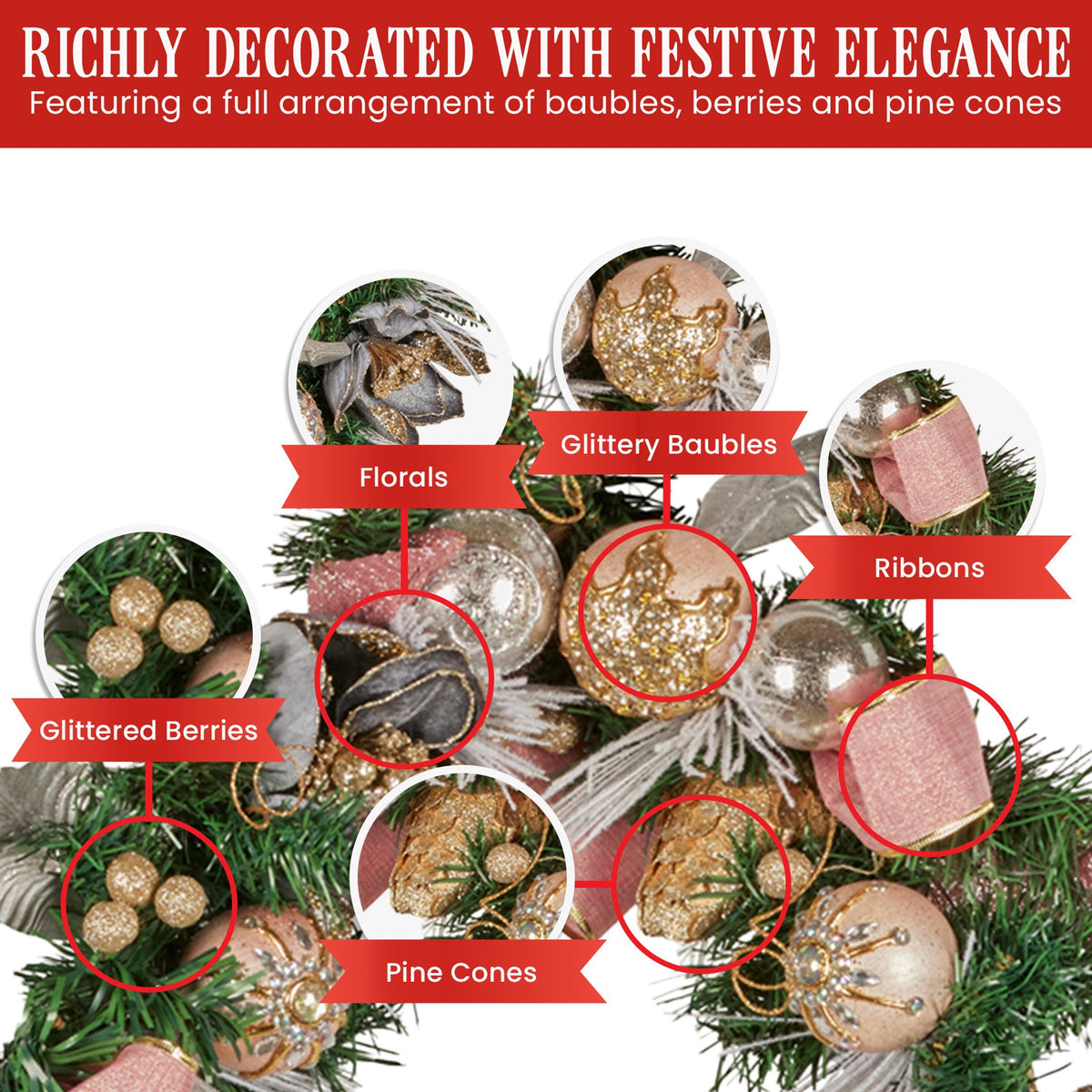 Pink, Champagne & Silver Christmas Garland – 1.85m | Jewelled Baubles & Berries