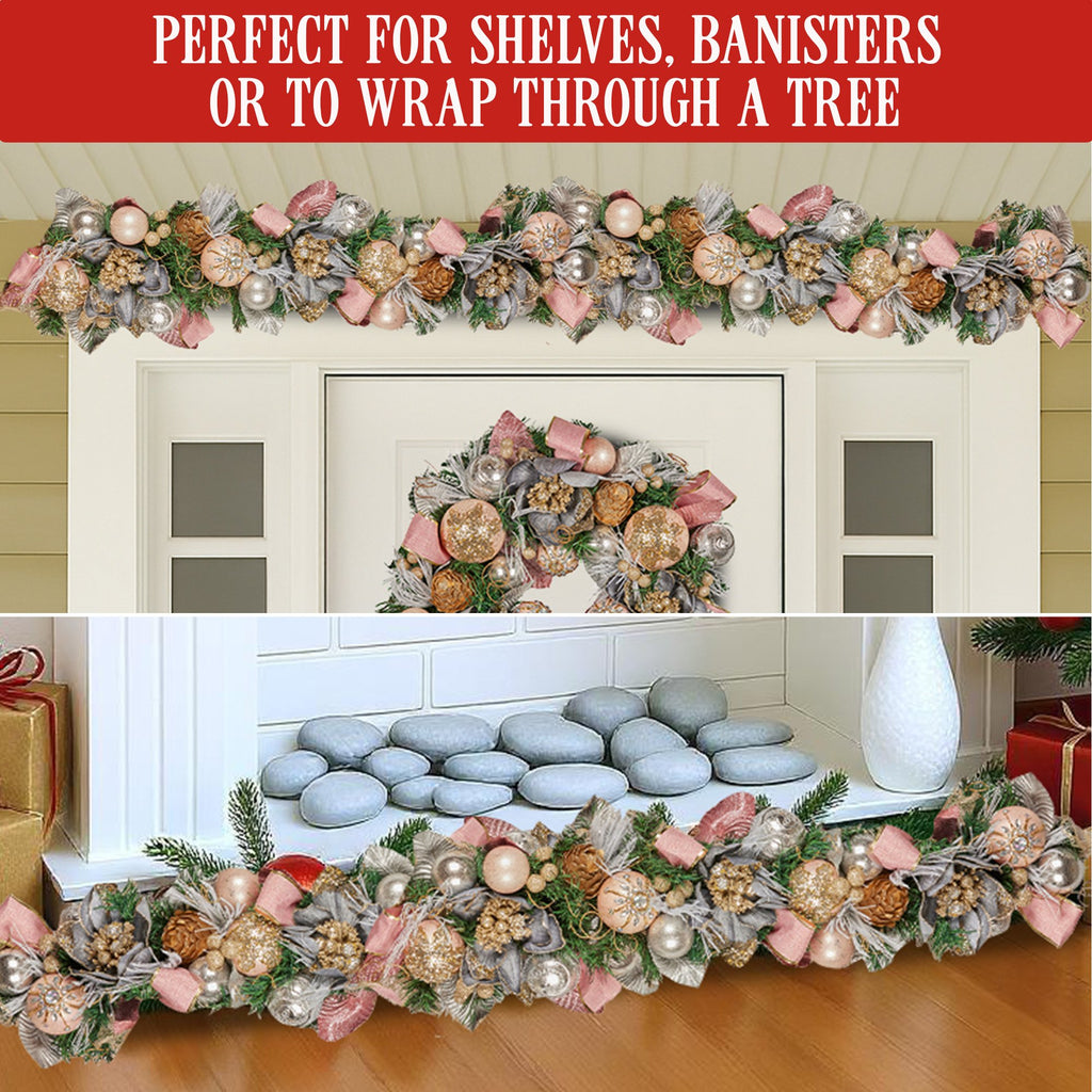 Pink, Champagne & Silver Christmas Garland – 1.85m | Jewelled Baubles & Berries