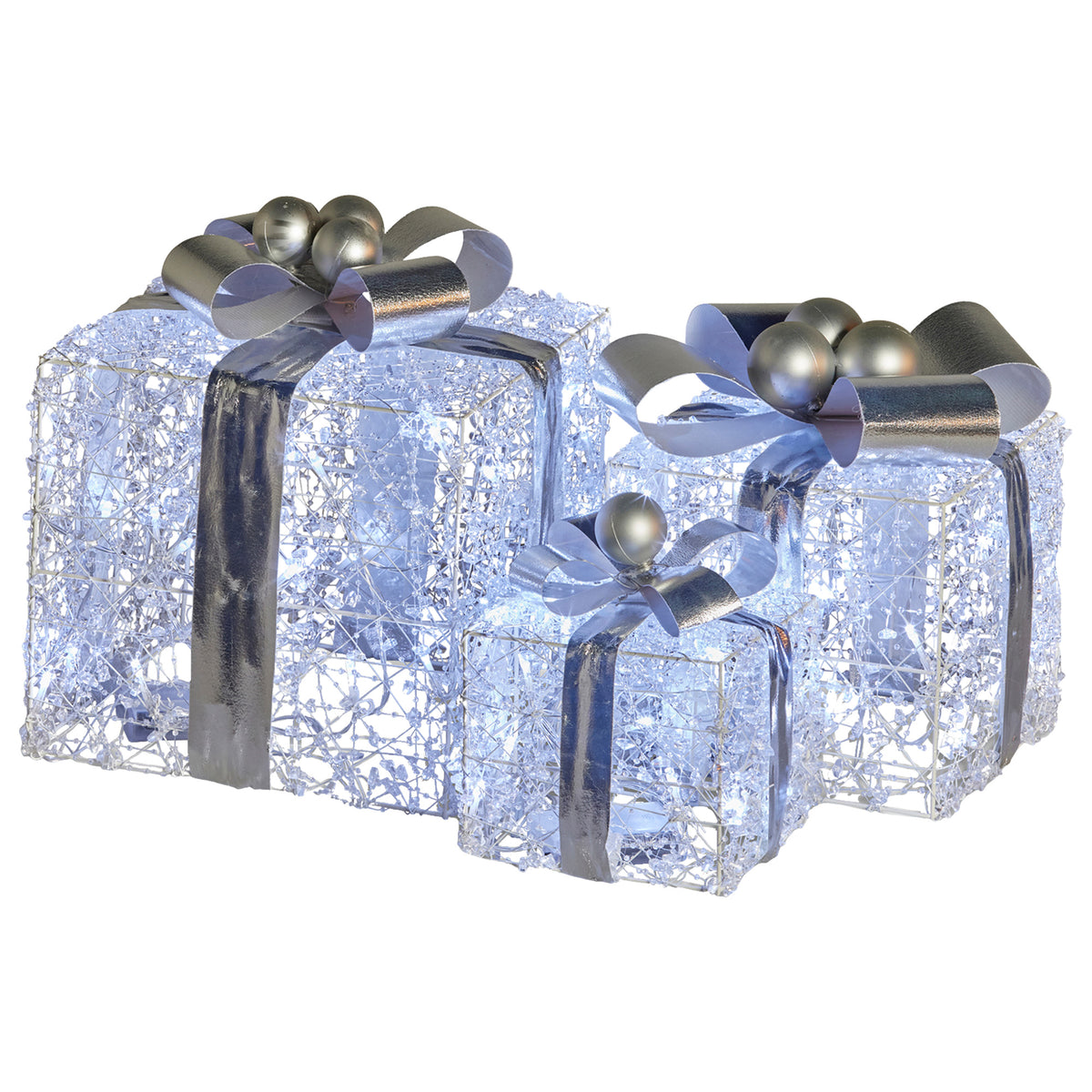 Set of 3 Illuminated Christmas Gift Boxes – Silver Bows
