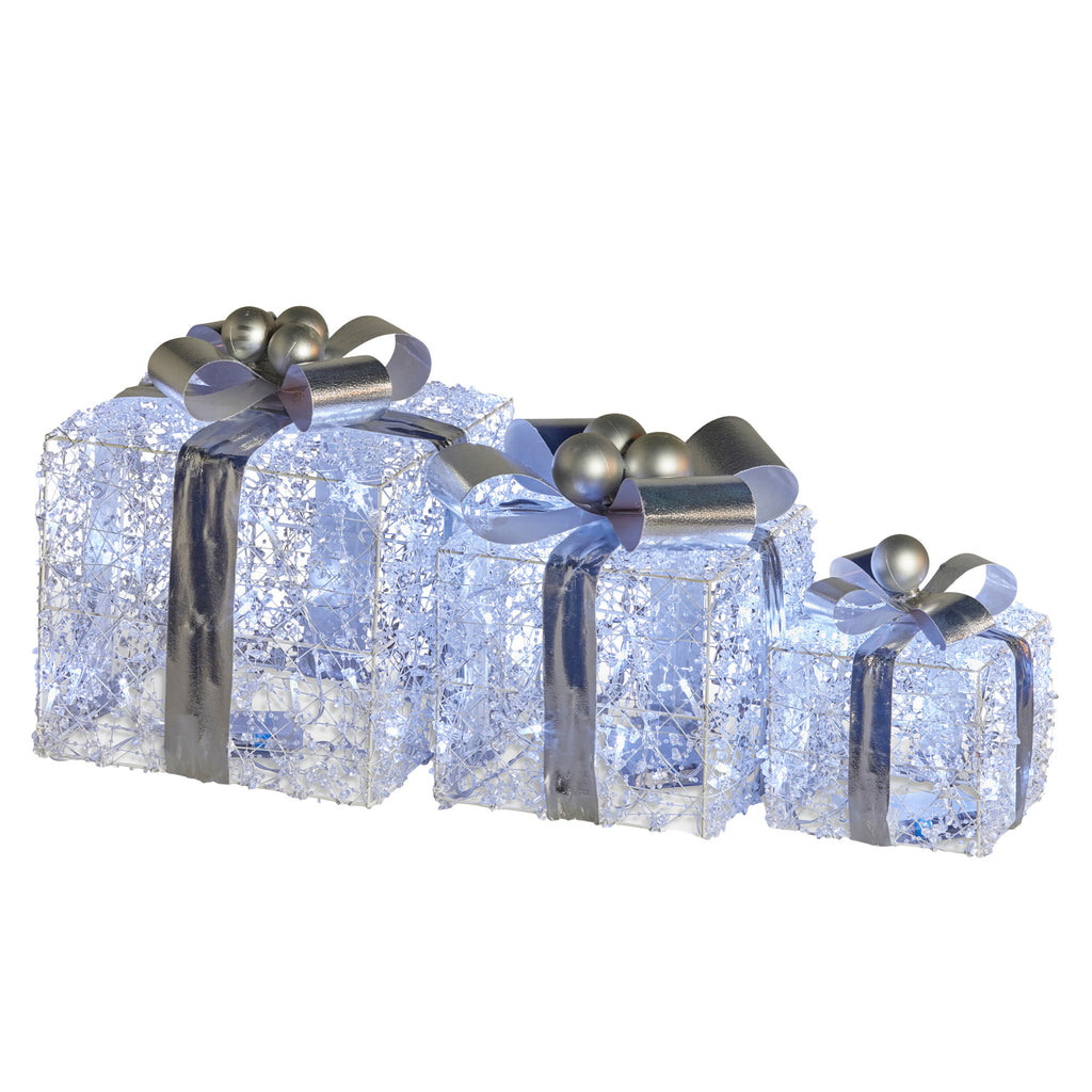 Set of 3 Illuminated Christmas Gift Boxes – Silver Bows
