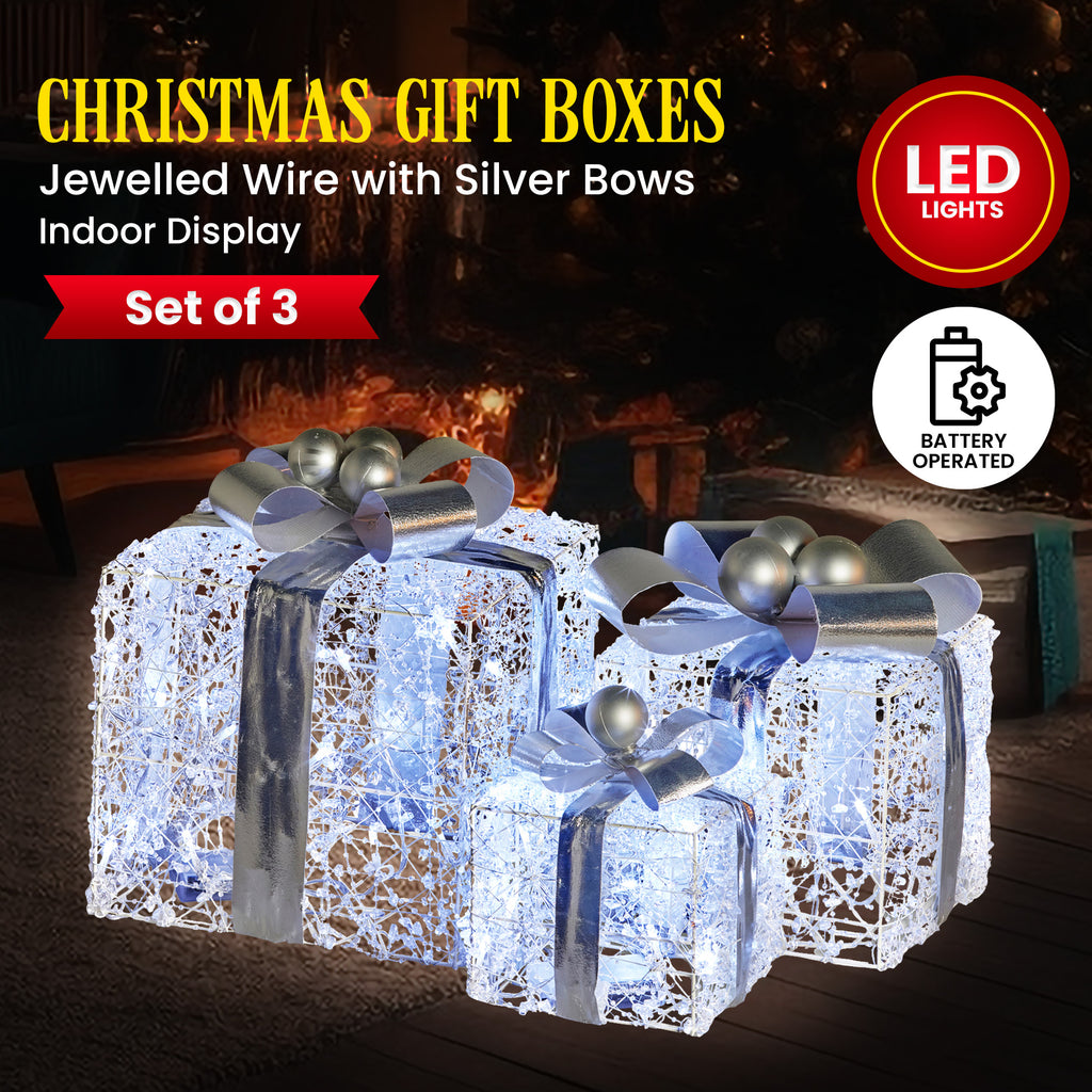 Set of 3 Illuminated Christmas Gift Boxes – Silver Bows
