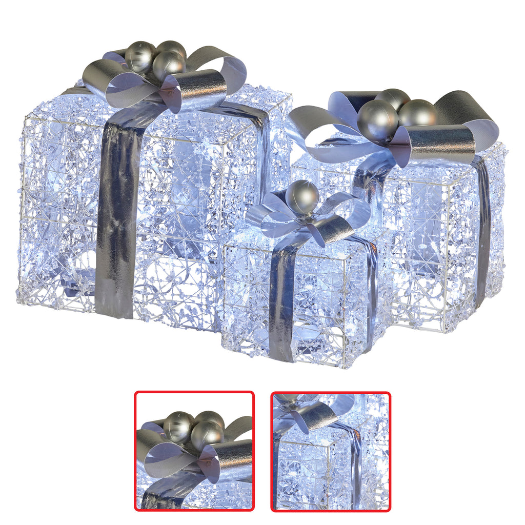 Set of 3 Illuminated Christmas Gift Boxes – Silver Bows