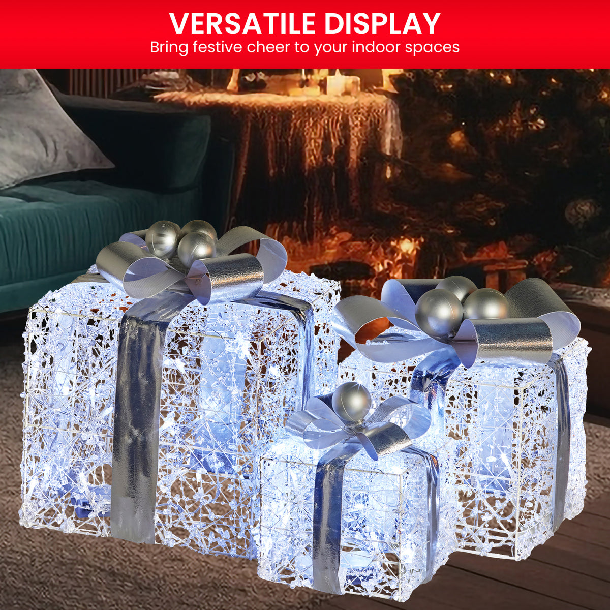 Set of 3 Illuminated Christmas Gift Boxes – Silver Bows