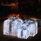 Set of 3 Illuminated Christmas Gift Boxes – Silver Bows