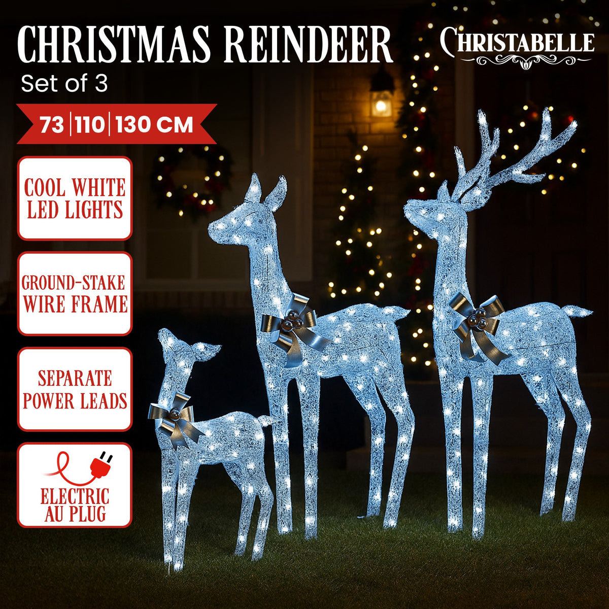 3-Piece Illuminated Reindeer Display – 260 Cool White LEDs