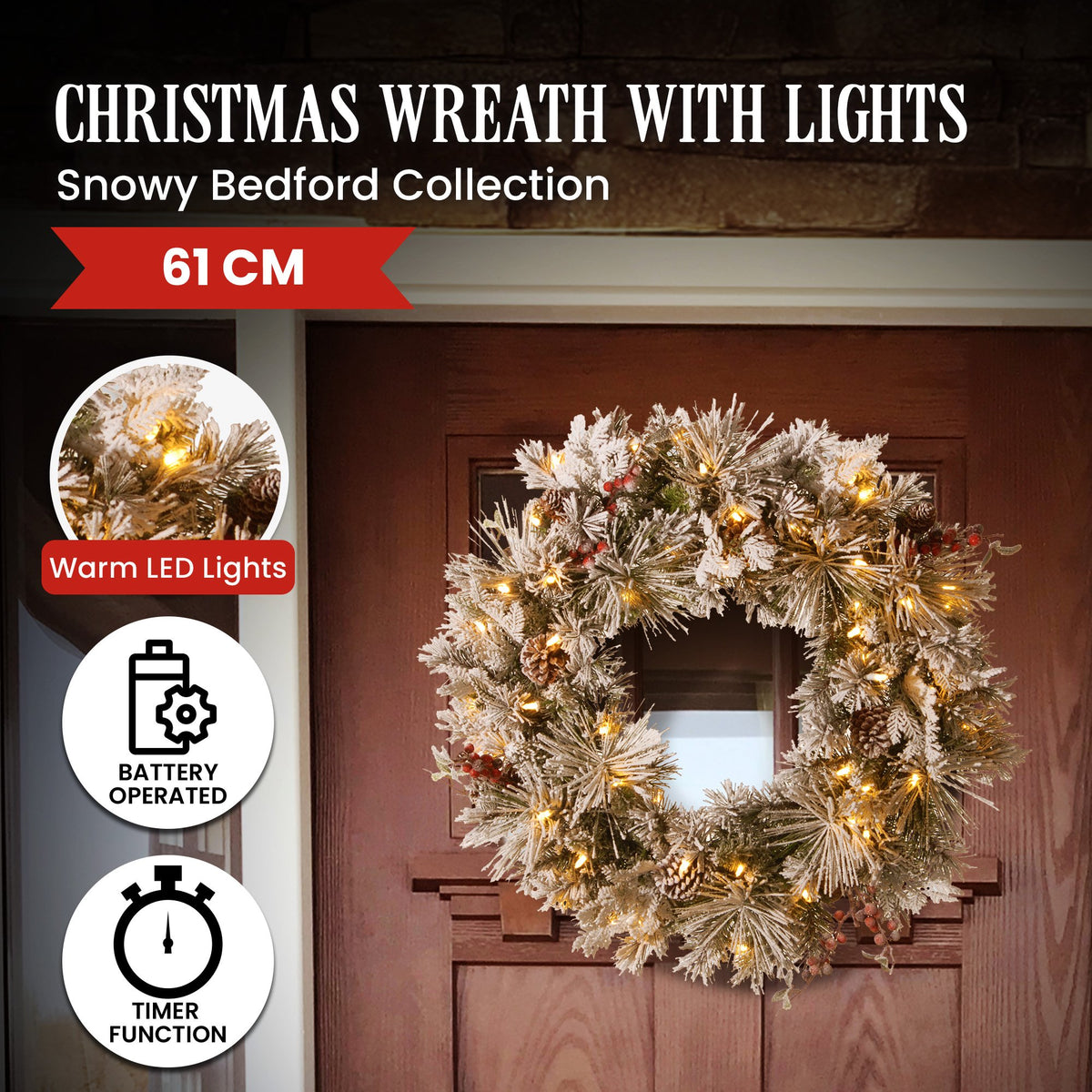 Snowy Bedford Christmas Wreath – 61cm | 50 Warm LEDs