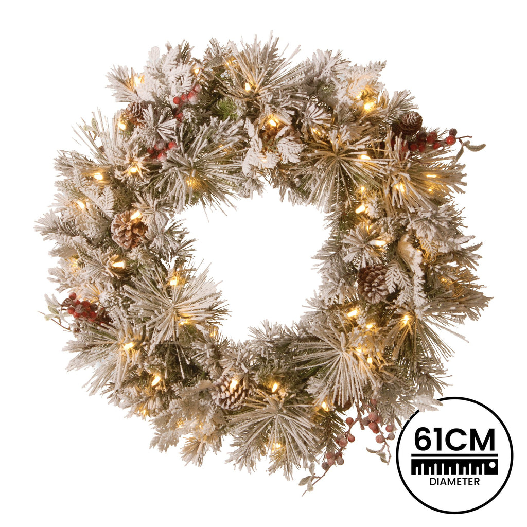 Snowy Bedford Christmas Wreath – 61cm | 50 Warm LEDs