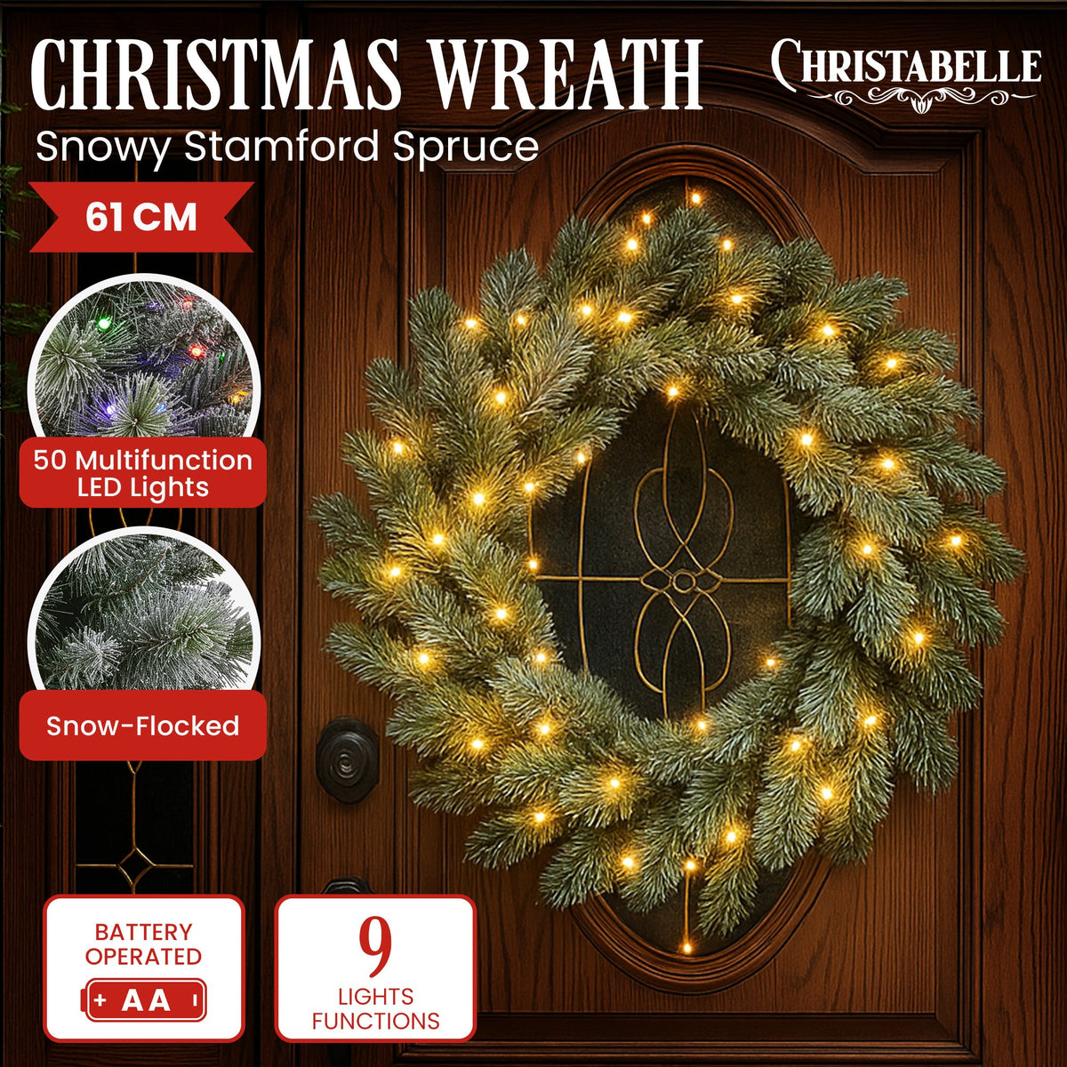 Snowy Stamford Spruce Christmas Wreath – 61cm | LED Lights
