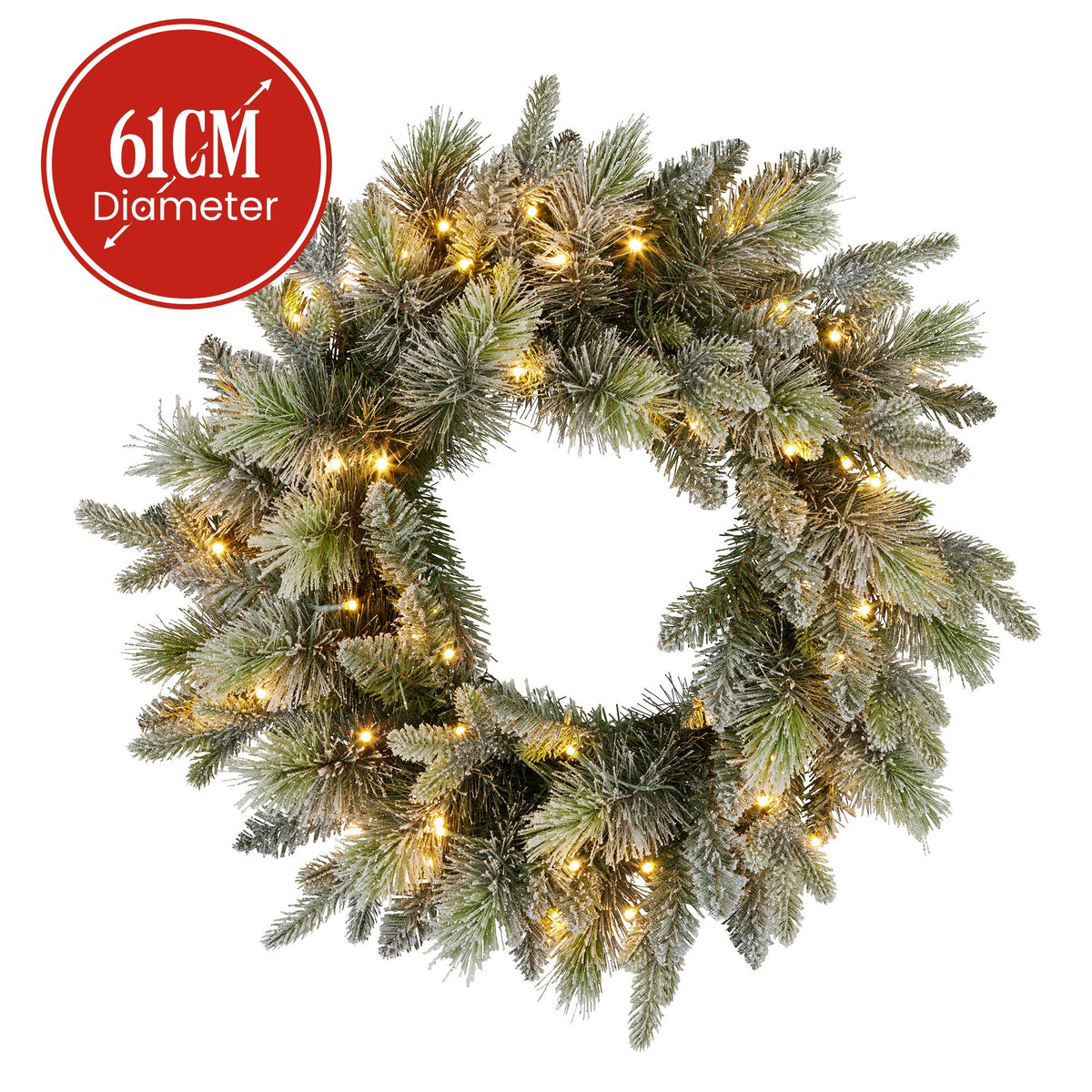 Snowy Stamford Spruce Christmas Wreath – 61cm | LED Lights