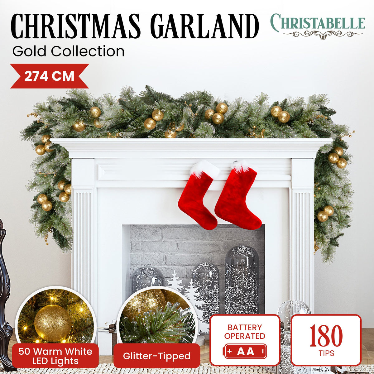 Gold & Green Pre-Lit Christmas Garland – 2.74m | 70 Warm LEDs