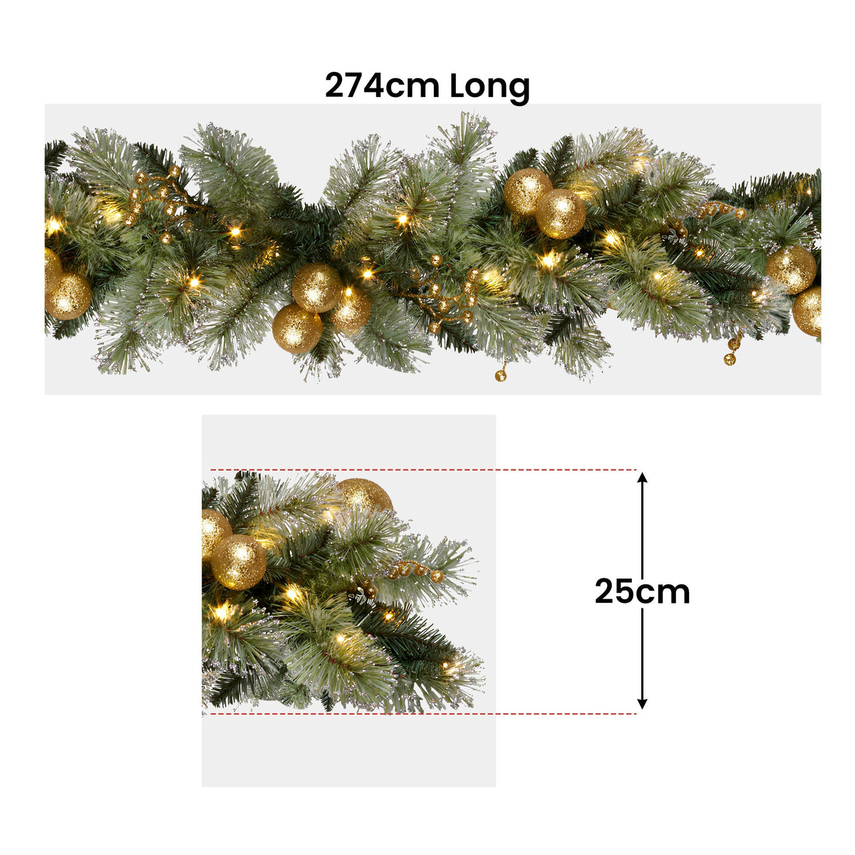 Gold & Green Pre-Lit Christmas Garland – 2.74m | 70 Warm LEDs