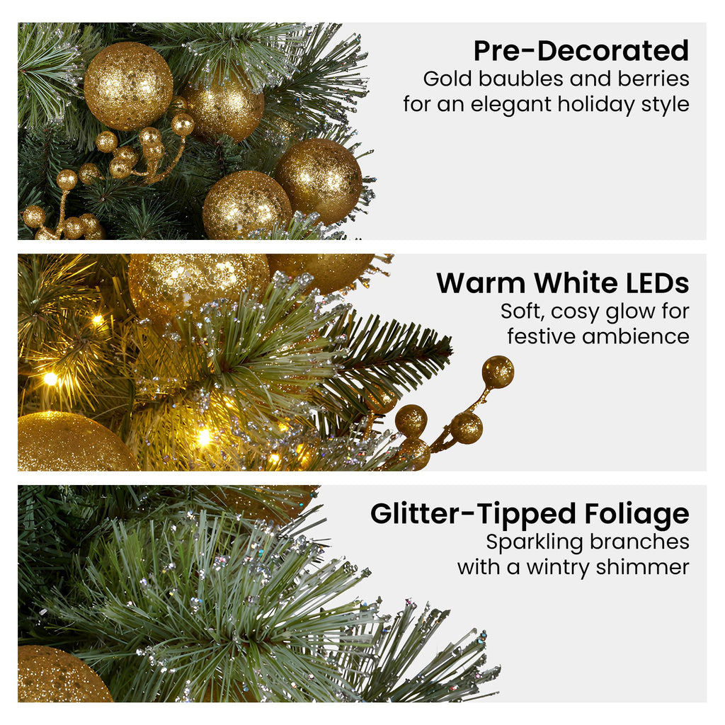 Gold & Green Pre-Lit Christmas Garland – 2.74m | 70 Warm LEDs