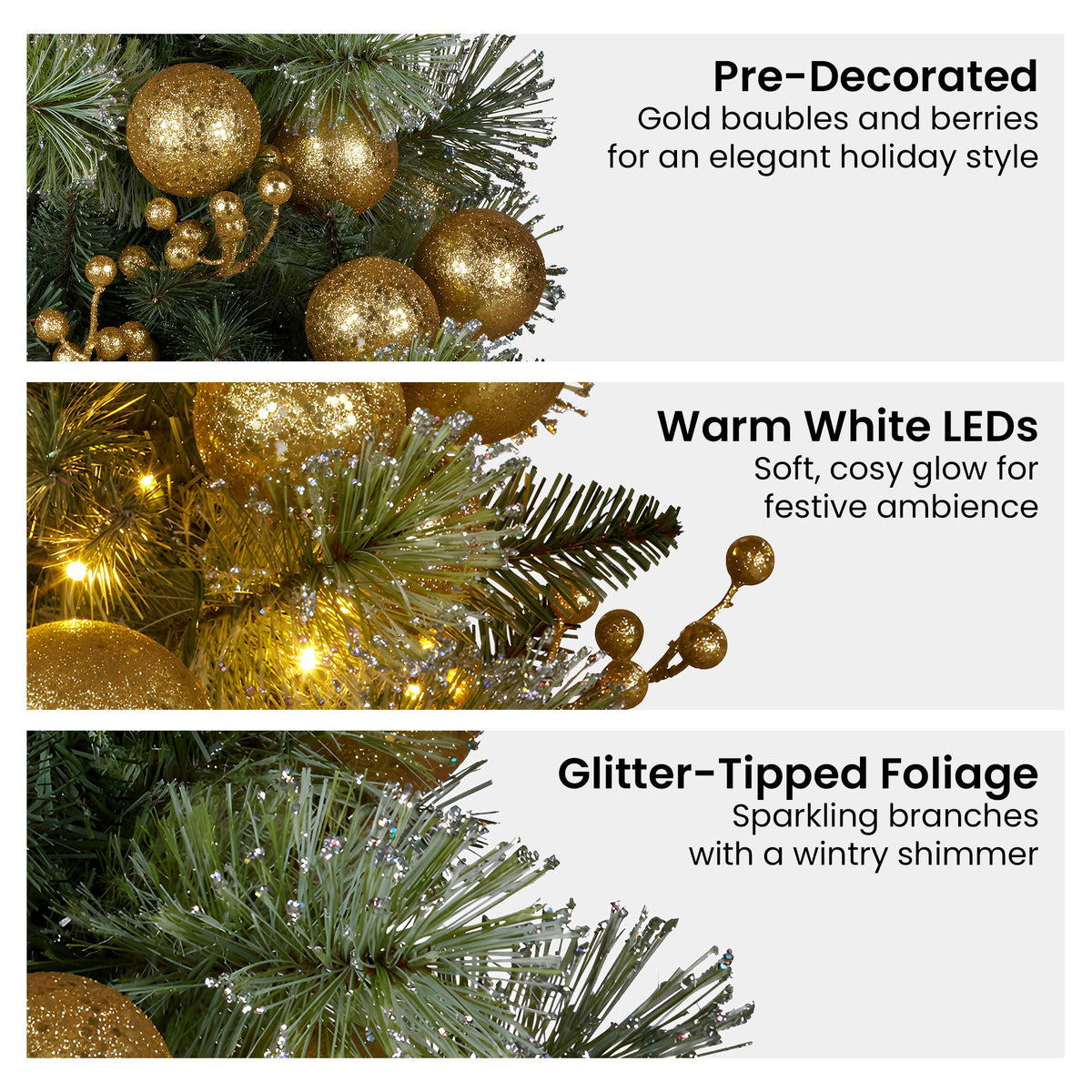 Gold & Green Pre-Lit Christmas Garland – 2.74m | 70 Warm LEDs