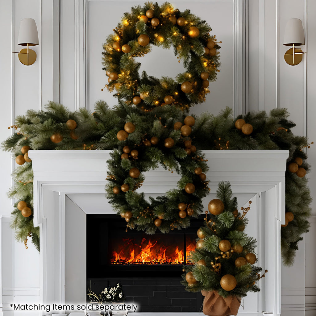 Gold & Green Pre-Lit Christmas Garland – 2.74m | 70 Warm LEDs