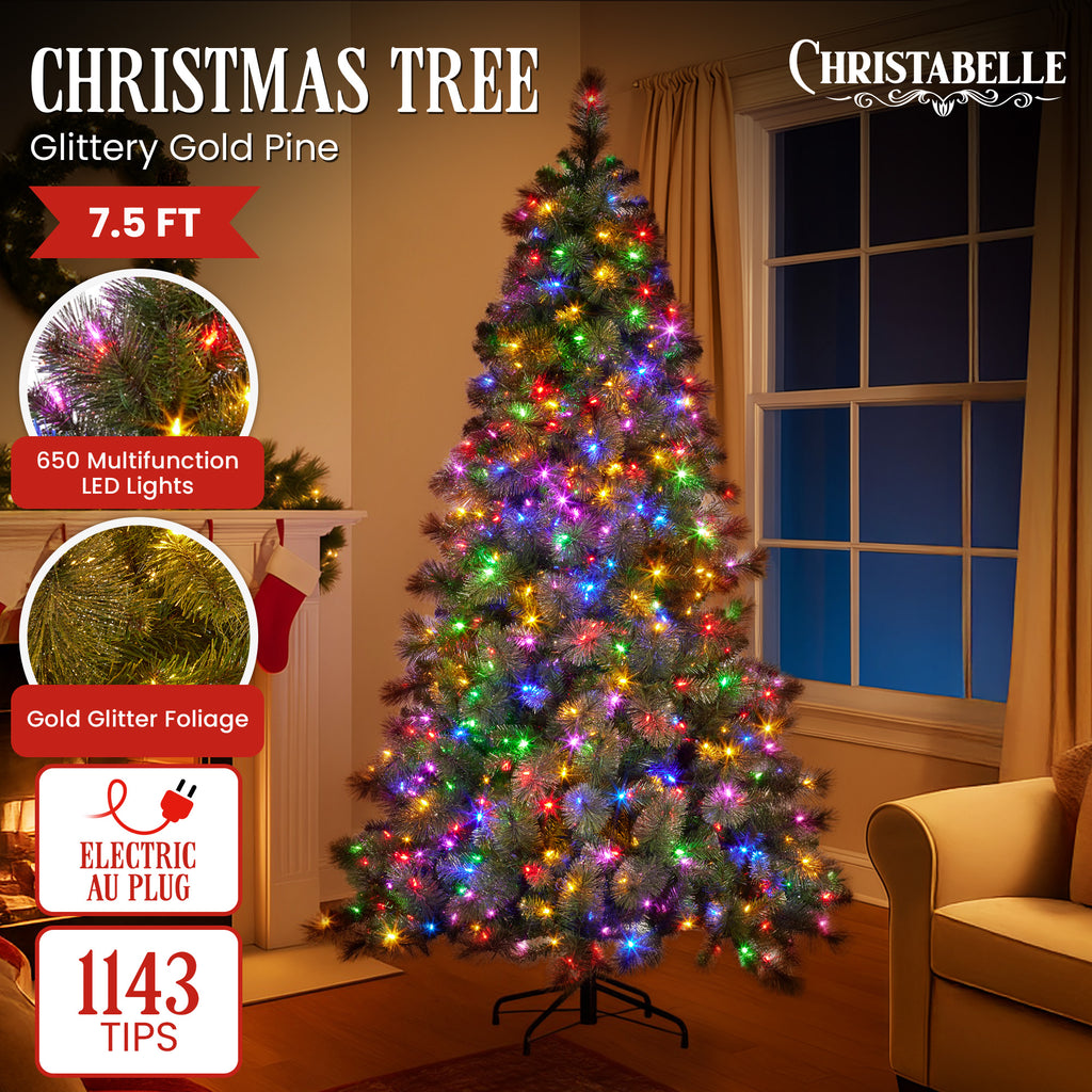 Christabelle 7.5ft Glittery Gold Pre-Lit Christmas Tree – 650 LEDs